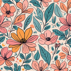 Delicate floral pattern with modern botanical elements in pastel shades, perfect for wallpapers, textiles, and creating vibrant spring designs with a fresh, organic feel