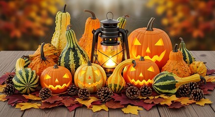 Festive Halloween still life featuring pumpkins, gourds, and a vintage lantern centerpiece