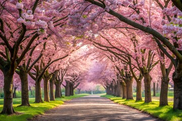 Road with cherry blossom trees in full bloom in spring