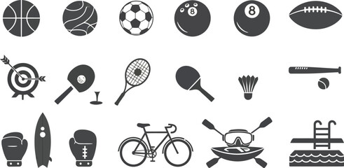 Sports equipment icons vector set of different sports balls and activities