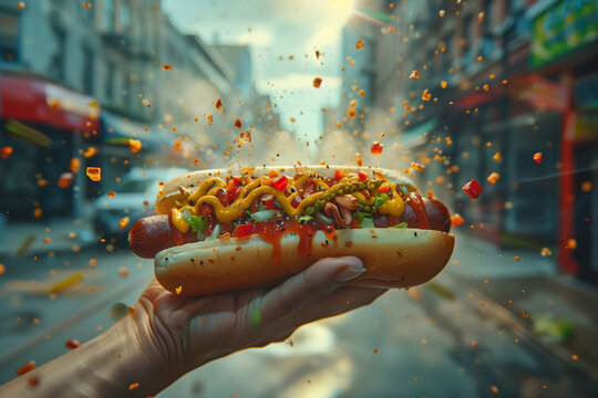 Chicago-style hot dog with toppings flying off