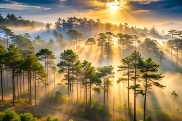 Sunlight streams through the misty forest at sunrise in vietnam