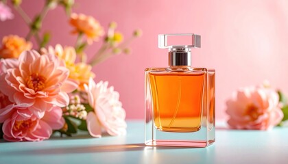 Elegant perfume bottle with amber liquid set against soft pink and peach floral arrangement, atop a light blue surface in diffused lighting