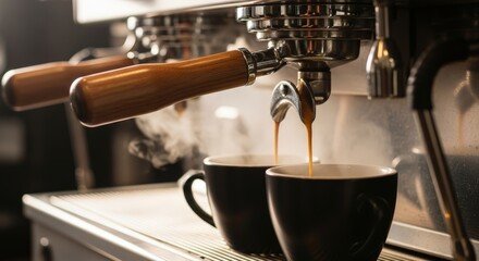 Professional Espresso Machine Brewing Coffee in Black Cups with Steam in Modern Coffee Shop
