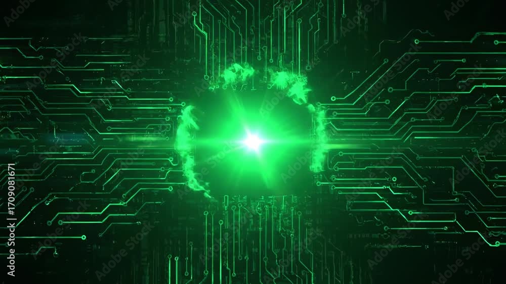 Wall mural a vibrant green digital flare pulses energetically, surrounded by abstract circuit board-like patter