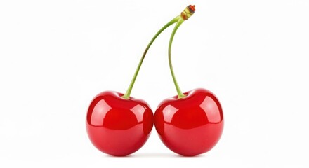 Two ripe red cherries on a stem against a white background