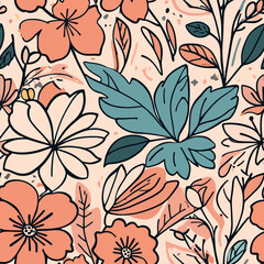 Delicate floral pattern with peach blossoms and teal leaves, perfect for a springtime touch, versatile for textiles, wallpaper, or invitations, adding a touch of nature's charm