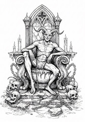 Detailed Pen and Ink Illustration of a Horned Demon on a Gothic Throne.