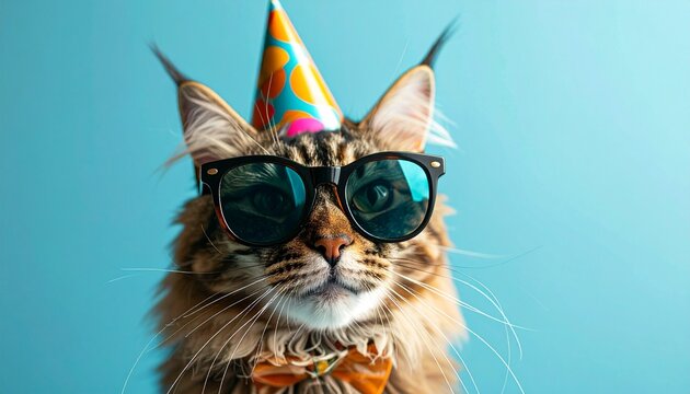 cat in party hat and sunglasses, happy anniversary concept, panoramic layout. 