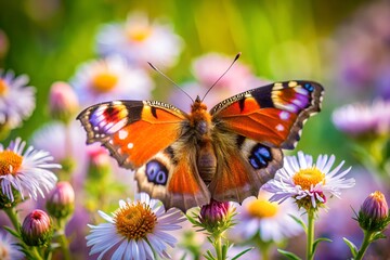 Naklejka premium Beautiful peacock butterfly on a flower in a colorful meadow