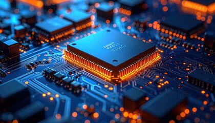 Detailed macro of a blue circuit board with glowing orange lights and intricate components depicting advanced technology