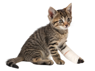 Injured tabby kitten with a cast on its front leg indoors