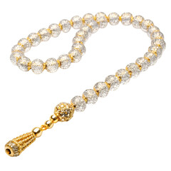 Islamic prayer beads with faceted clear crystal and gold tassel on black background rosary