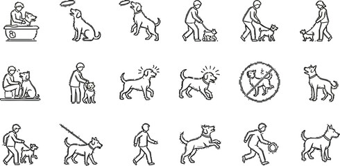 Dog care and training tips vector icons set pet grooming walking and playing