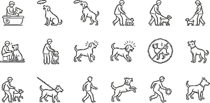 Dog care and training tips vector icons set pet grooming walking and playing