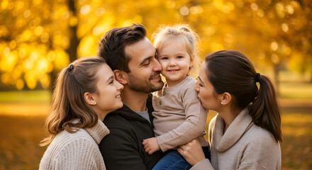 Loving parents and children, including a toddler, enjoying beautiful golden autumn day in park