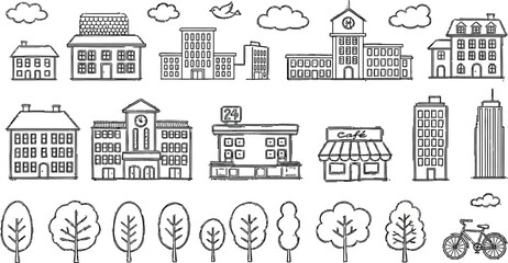 Cityscape drawing vector illustration buildings trees and bicycle design