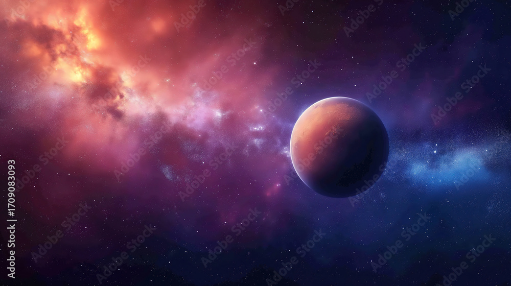 Poster impressive digital generated space scene with nebulae background