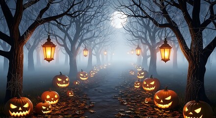 Enchanted halloween night scene with glowing pumpkins and vintage lanterns in a misty forest