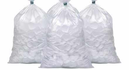 Three clear plastic bags filled with ice cubes on a white background