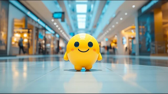 Cheerful yellow smiley toy character with happy face placed in center of modern shopping mall interior, symbolizing happiness, positivity, lifestyle, playful design, joyful atmosphere of retail spaces