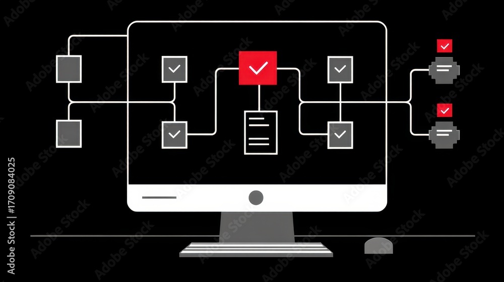 Fototapete workflow management and process visualization on computer screen with check marks and flowchart elem