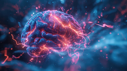 Fototapeta premium Impressive Human Brine. Organ anatomy, neurology, healthy body concept. Polygonal image on blue