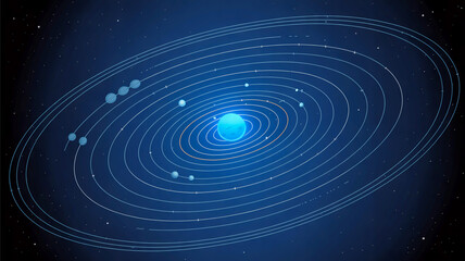 Blue Planet with Orbital Rings and Multiple Celestial Bodies in Space image photo