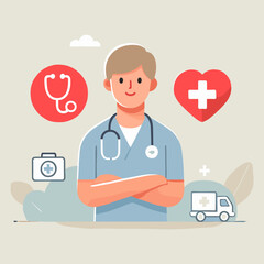 Illustration of a Doctor with Stethoscope and Medical Icons on Beige Background