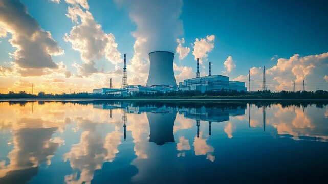 Modern nuclear power plant with large cooling towers emitting steam, perfectly reflected in calm water surface, blue sky, scattered clouds, clean energy, technology, sustainable electricity production