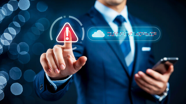 Businessman Touching Digital Exclamation Mark Warning Symbol on Futuristic Interface suit technology - Powered by Adobe