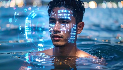 A person submerged in water with digital data projected on their face, a glowing circular interface, and blurred cityscape