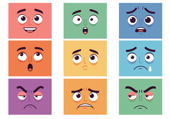 Obraz premium Cartoon Faces Expressing Different Emotions in a Grid Layout Colorful and Expressive.