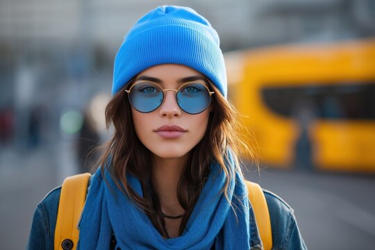 A young woman wearing a blue beanie mockup and sunglasses, with a blue scarf, standing outdoors in an urban setting, with a yellow bus in the background