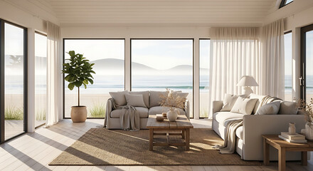 Fototapeta premium Bright and Airy Living Room with Coastal View.