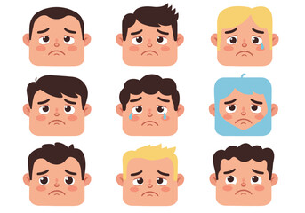 Collection of Sad Cartoon Faces with Different Hair Colors and Styles.