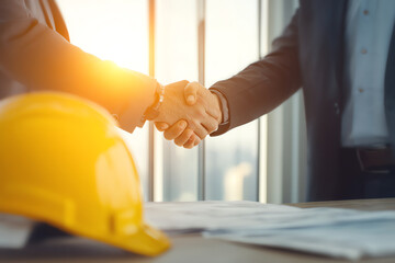 Two business professionals shaking hands across a desk with a yellow construction helmet and blueprints, symbolizing agreement or partnership in construction or engineering