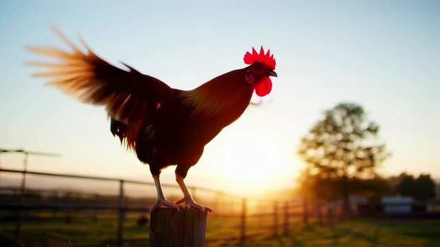 Rooster crowing at dawn, vibrant rural sunrise agricultural scenery video
