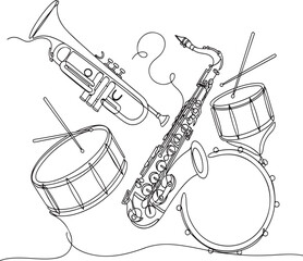 Decorative Continuous Line Art of Musical Instruments for Minimalist Music-Themed Design.