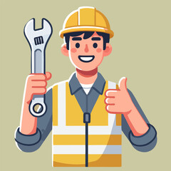 Smiling Technician Wearing Hard Hat Holding Wrench and Giving Thumbs Up Gesture