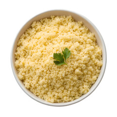 Top View of White Bowl Filled with Plain Cooked Couscous and Parsley grain semolina