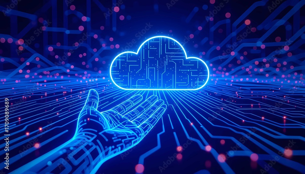 Aufkleber a futuristic cloud platform combines technology, data, and storage, optimized network, digital workf