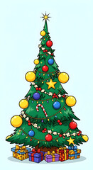 Decorated Christmas Tree with Gifts Cartoon Illustration