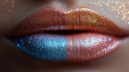 Close-up of glitter lips with blue and copper makeup