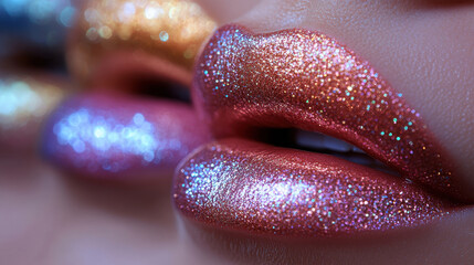 Shiny glitter lips in pink and gold tones