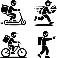 Food Delivery Silhouette Icon Set – 4 Black & White Vectors of Scooter, Bicycle, Running & Mobile Couriers