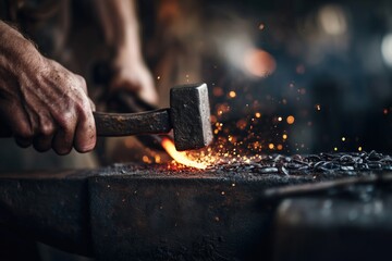 Closeup Blacksmith Hammering Hot Metal On Anvil