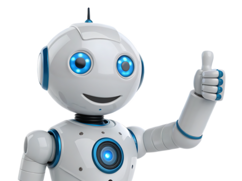 A cheerful white robot with blue accents giving a thumbs up gesture on a black background close up view