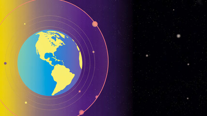 Naklejka premium Stylized Earth with Orbital Rings and Moons in a Cosmic Nebula planet space