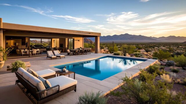 Luxurious desert home patio with swimming pool and scenic mountain view at sunset, showcasing luxury lifestyle and architectural design